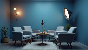 Quatre fauteuils confortables entourant un micro professionnel dans un studio de podcast au design épuré et aux murs bleus.