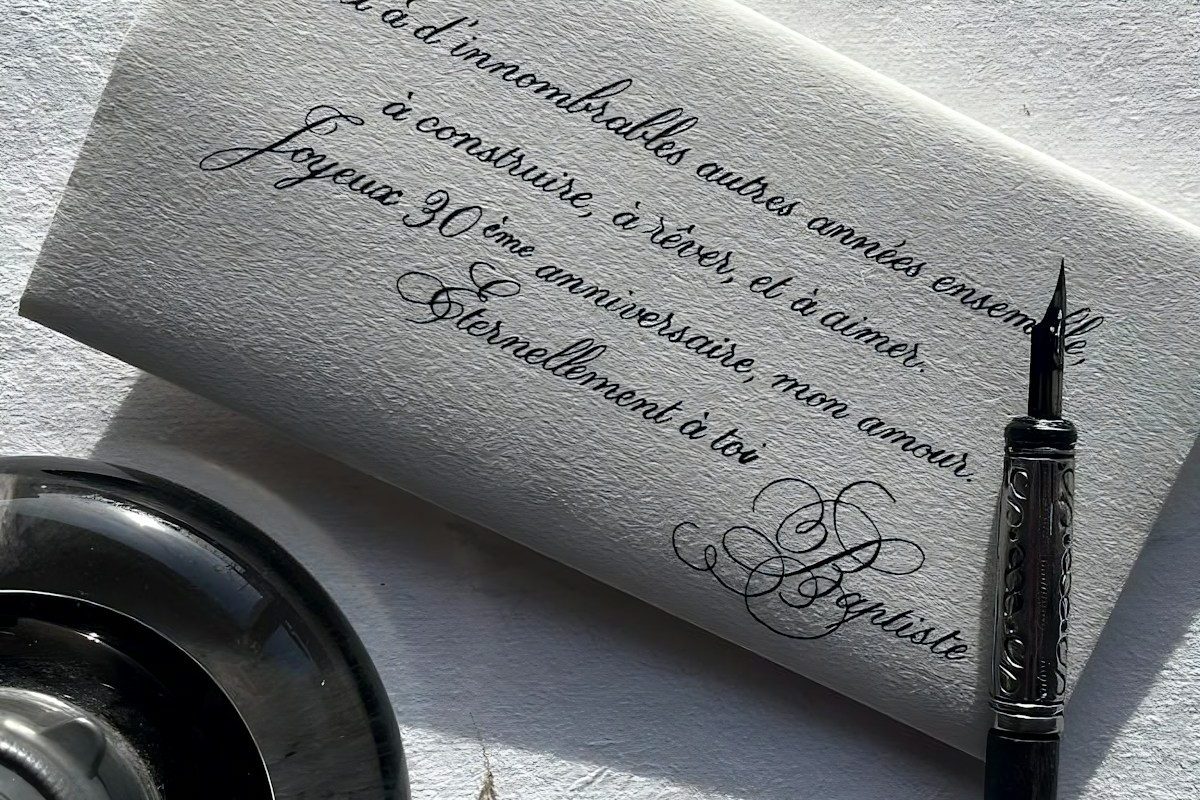 Calligraphy on envelope with ink pen and inkwell.