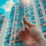 Une main tenant fièrement une clé devant un immeuble résidentiel, symbolisant la réussite de l'achat d'un premier appartement à Montpellier