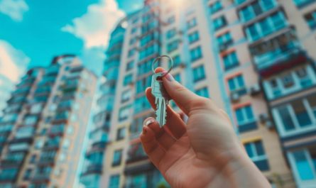 Une main tenant fièrement une clé devant un immeuble résidentiel, symbolisant la réussite de l'achat d'un premier appartement à Montpellier