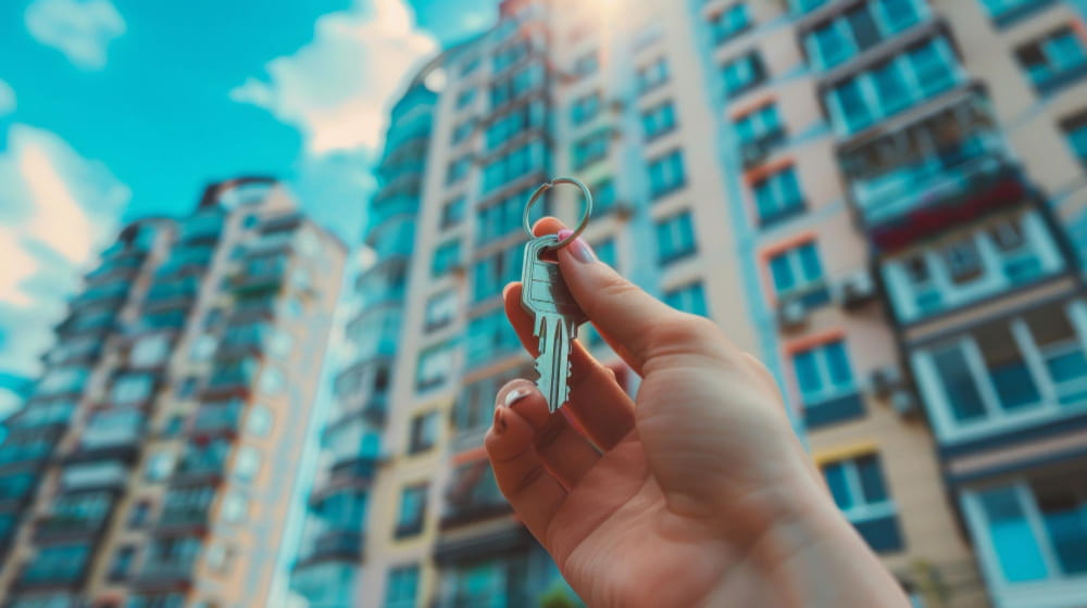 Une main tenant fièrement une clé devant un immeuble résidentiel, symbolisant la réussite de l'achat d'un premier appartement à Montpellier