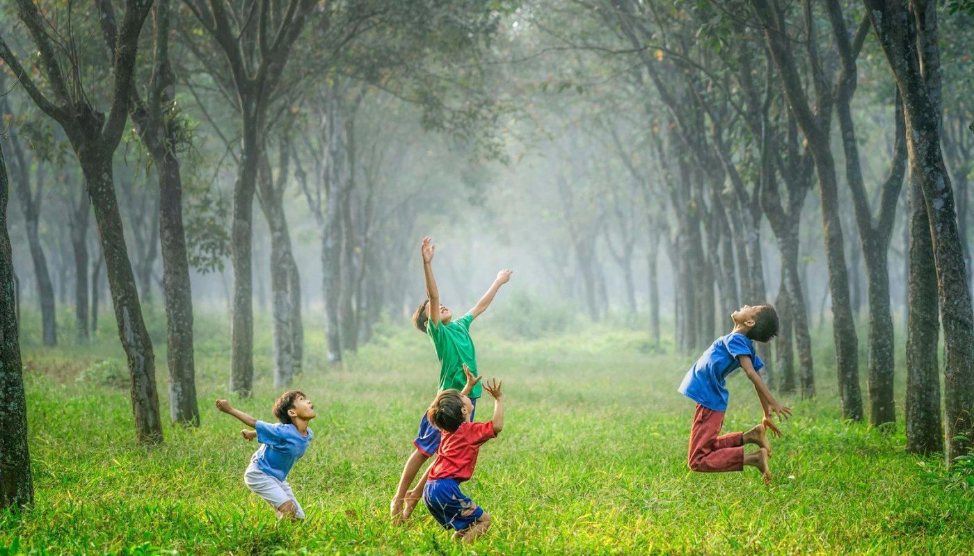 four boy playing ball on green grass