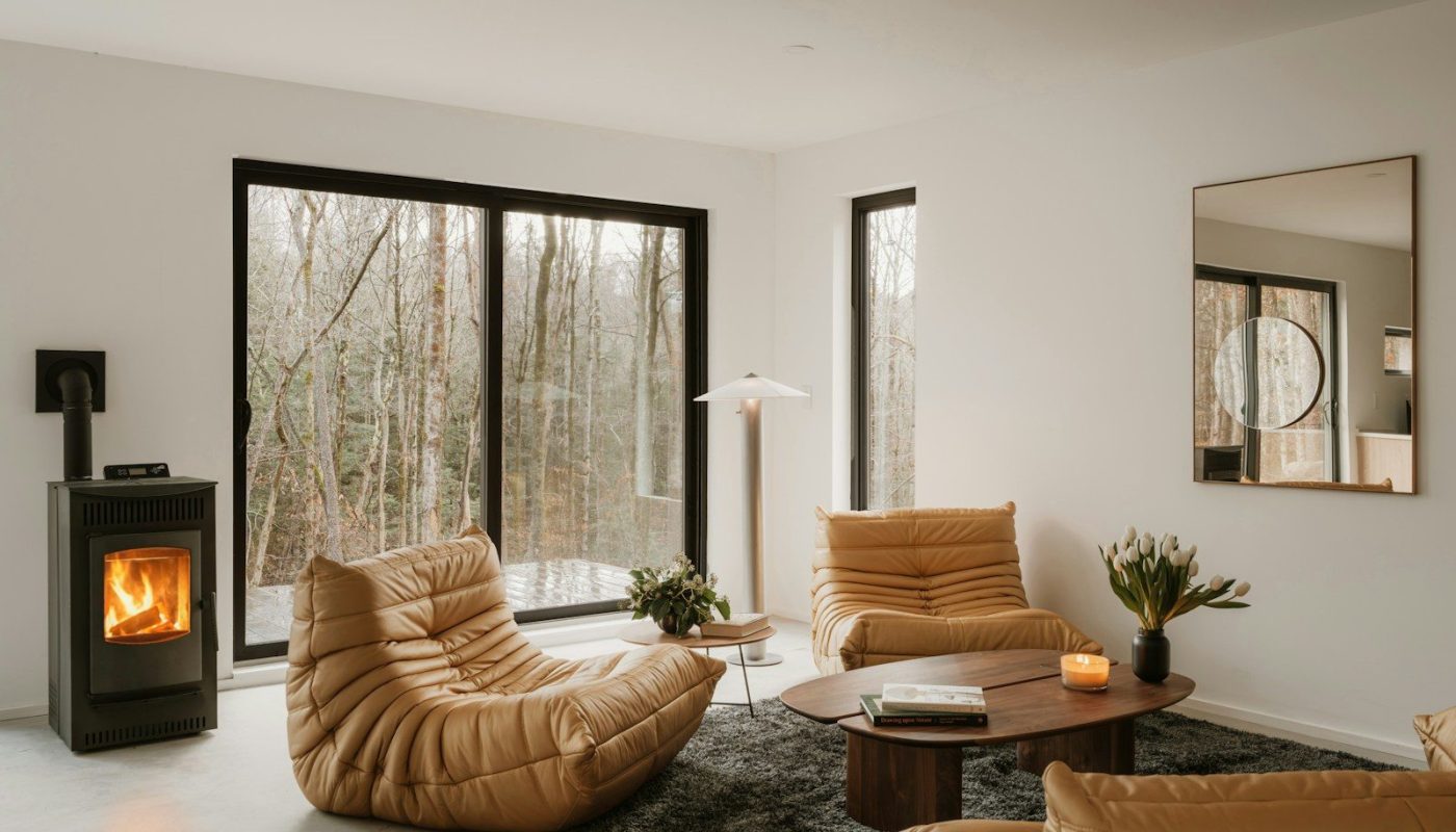 Modern living room with fireplace and forest view
