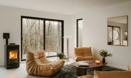Modern living room with fireplace and forest view