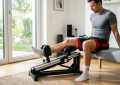 Une scène de récupération moderne montrant un étirement guidé pour les jambes après l’effort. L’image évoque le confort, la progressivité et le relâchement musculaire.