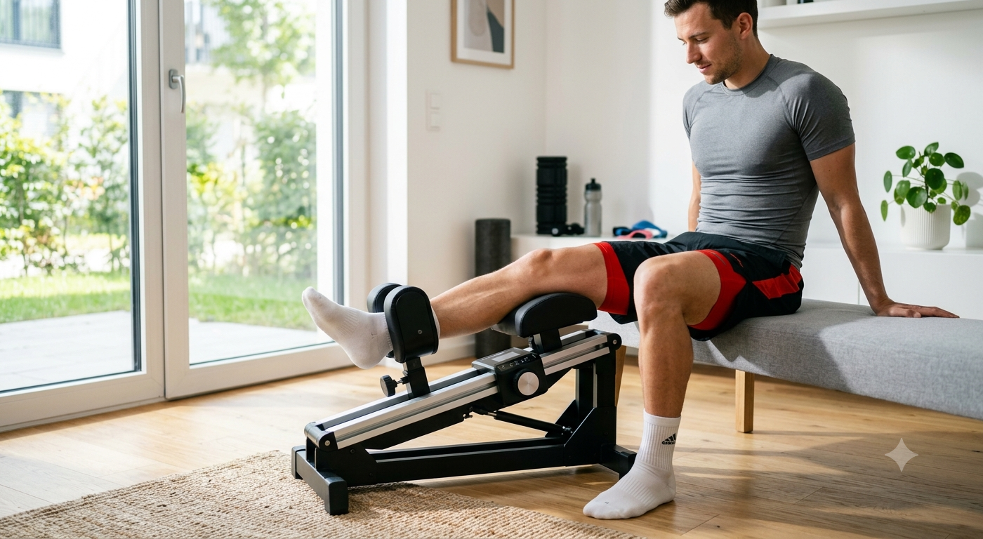 Une scène de récupération moderne montrant un étirement guidé pour les jambes après l’effort. L’image évoque le confort, la progressivité et le relâchement musculaire.