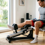 Une scène de récupération moderne montrant un étirement guidé pour les jambes après l’effort. L’image évoque le confort, la progressivité et le relâchement musculaire.