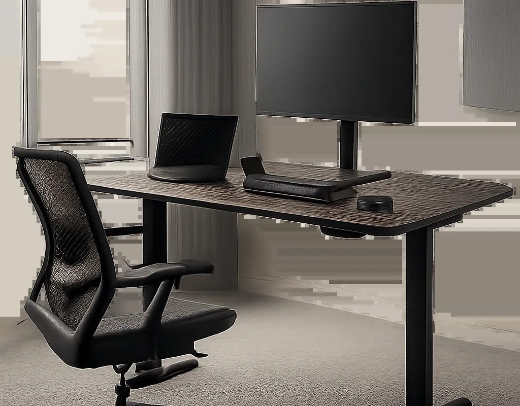 Un bureau assis debout moderne dans un espace de travail soigné et fonctionnel. L’image met en avant la stabilité, le confort et l’aspect premium d’un poste ergonomique.